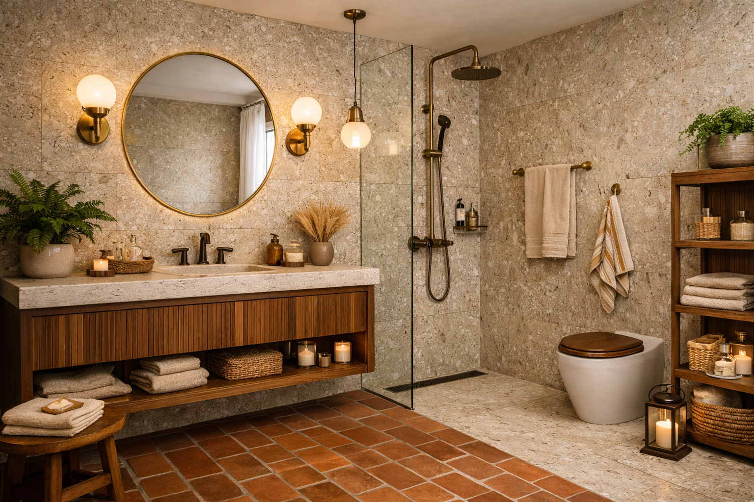 Ciepła łazienka retro 2026 – terakota i lastryko