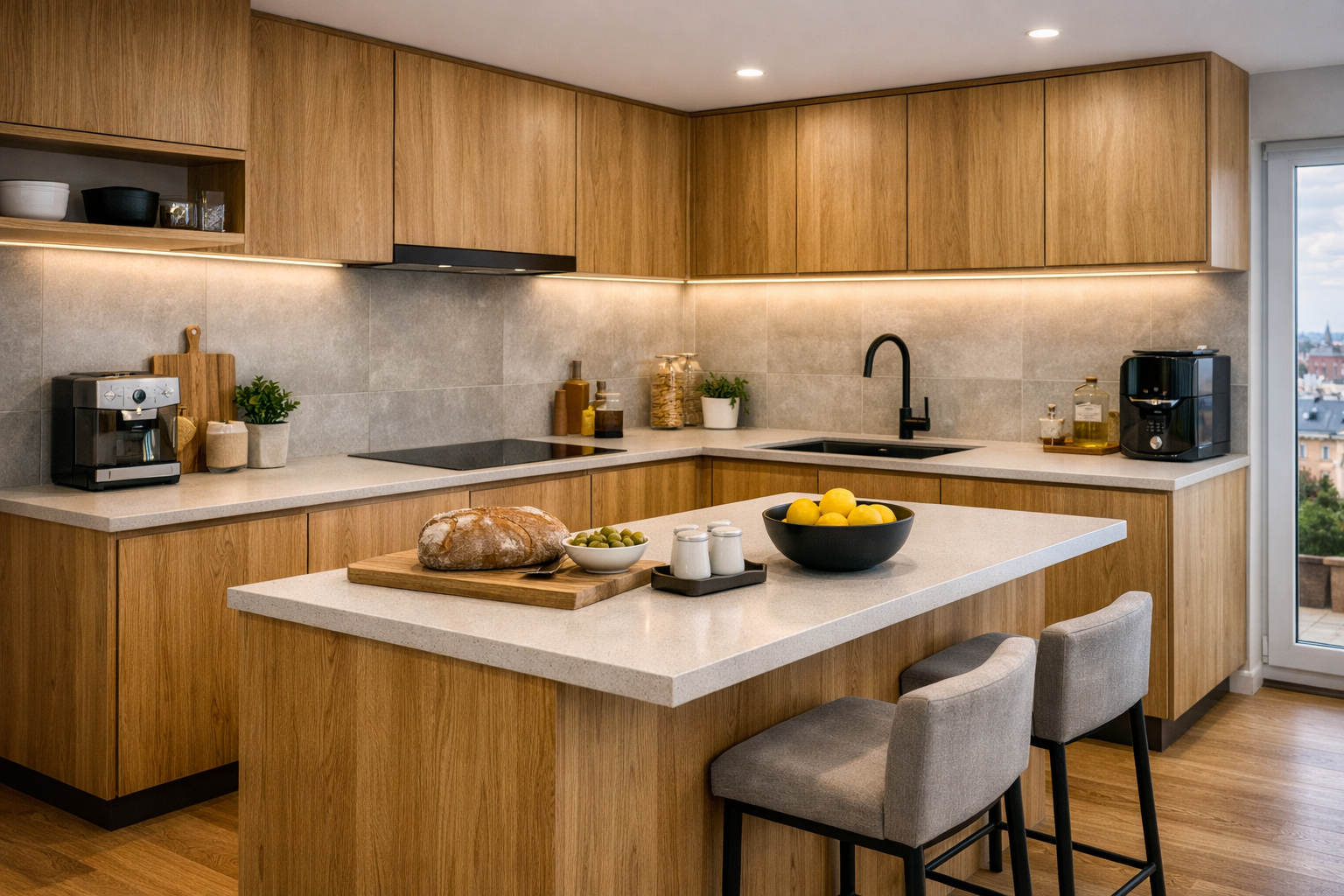 Naturalne drewno dąb i jesion w kuchni z podświetleniem LED 2700K – ciepły i trwały trend 2026