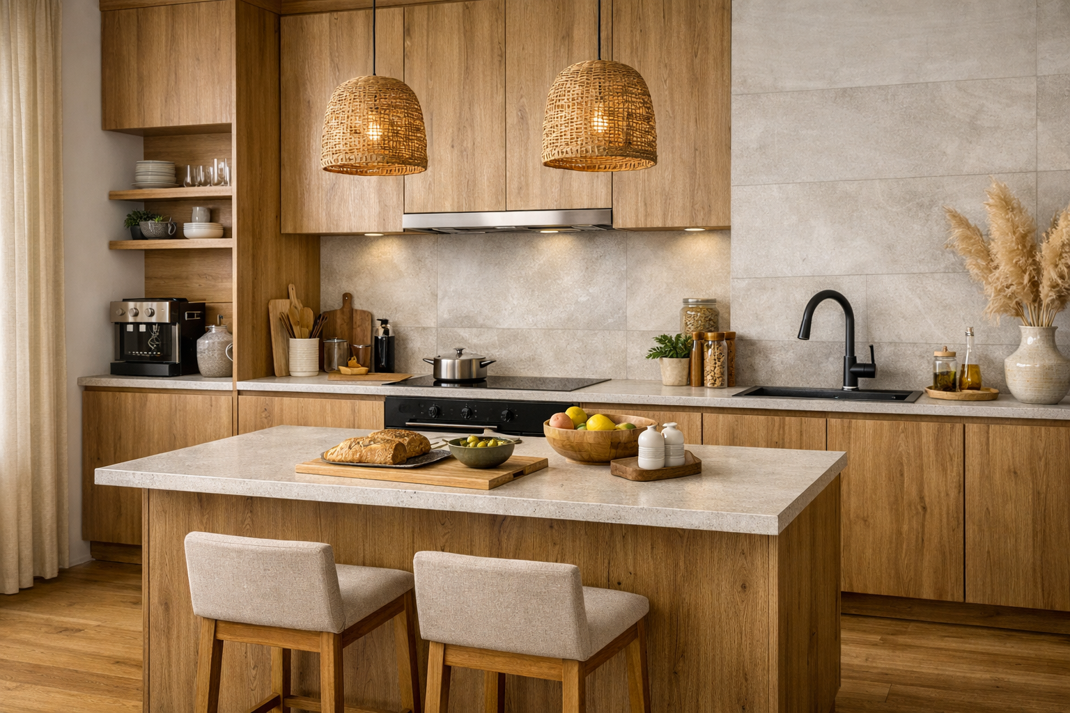 Kuchnia z wyspą i naturalnymi frontami drewnianymi – połączenie kuchni z salonem, trend 2026 Warszawa