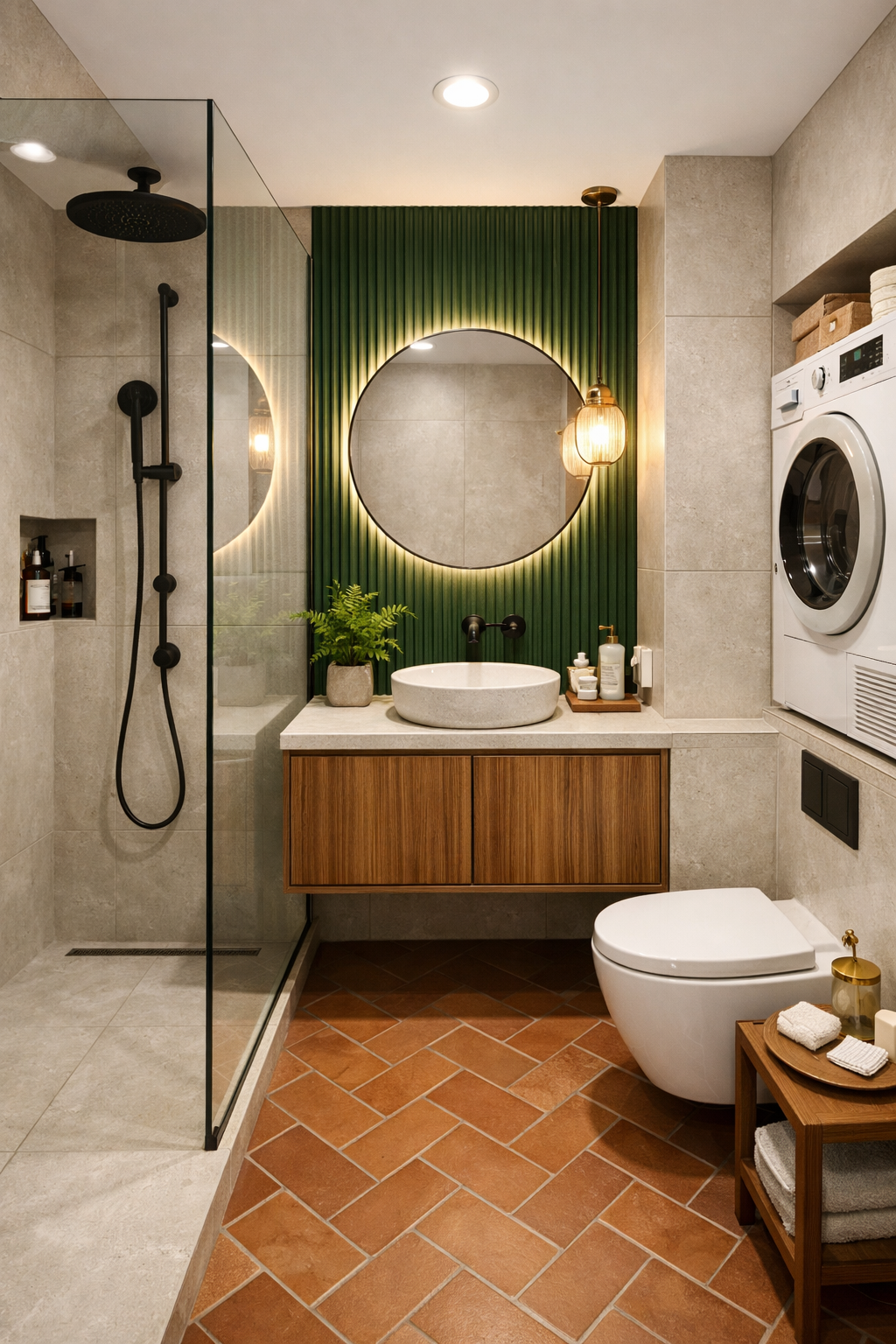 Mała łazienka 4-5 m² w bloku 2026 – jasny greige + ryflowana ściana zielona