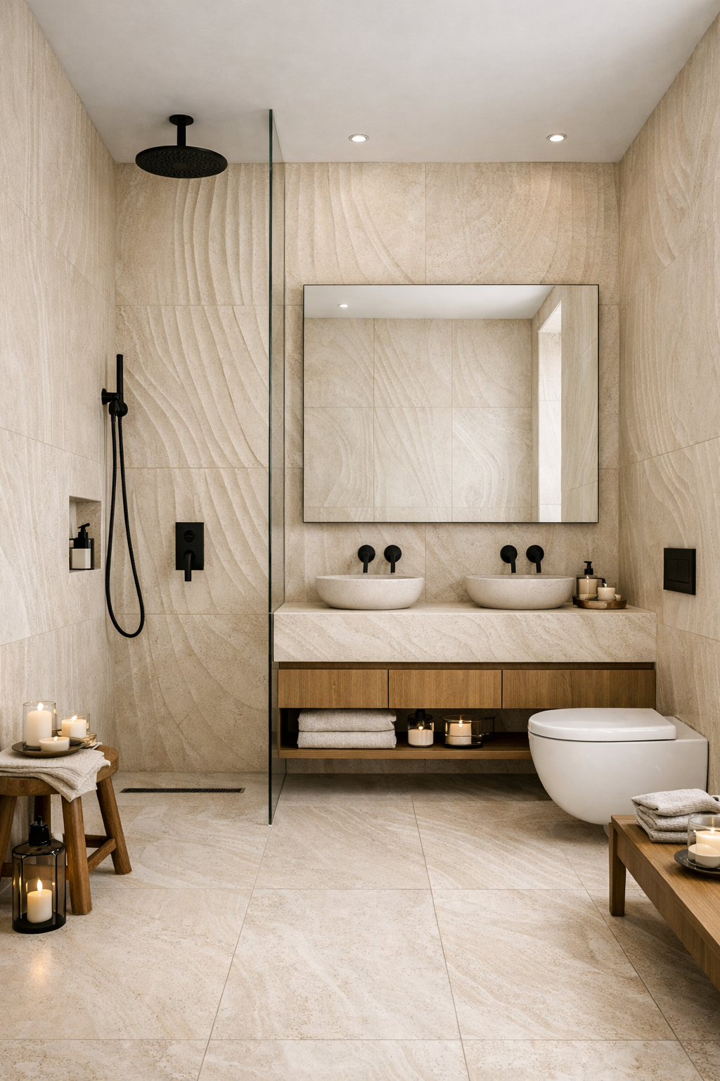 Minimalistyczna łazienka tile drenching – marmur kaszmirowy z carvingiem