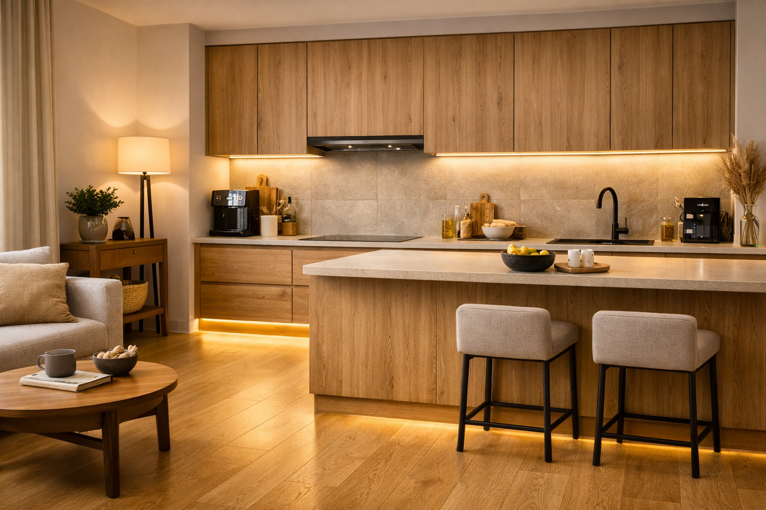 Nowoczesna kuchnia z ogrzewaniem podłogowym – ciepłe światło i komfortowa podłoga 2026 Warszawa