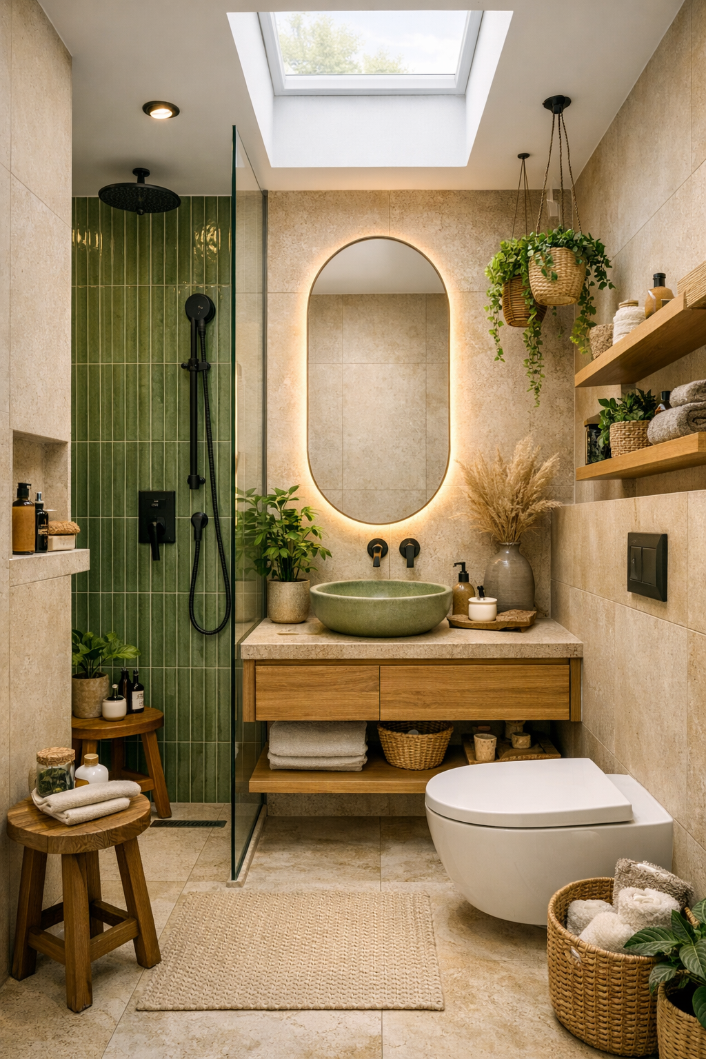 Nowoczesna łazienka 2026 w stylu biophilic – wielkoformatowe płytki beż kaszmirowy i zellige oliwkowe