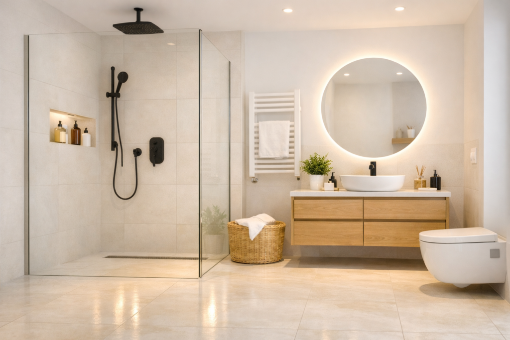 Nowoczesna łazienka po remoncie pod klucz z prysznicem walk-in i jasnymi płytkami dużego formatu – Warszawa 2026