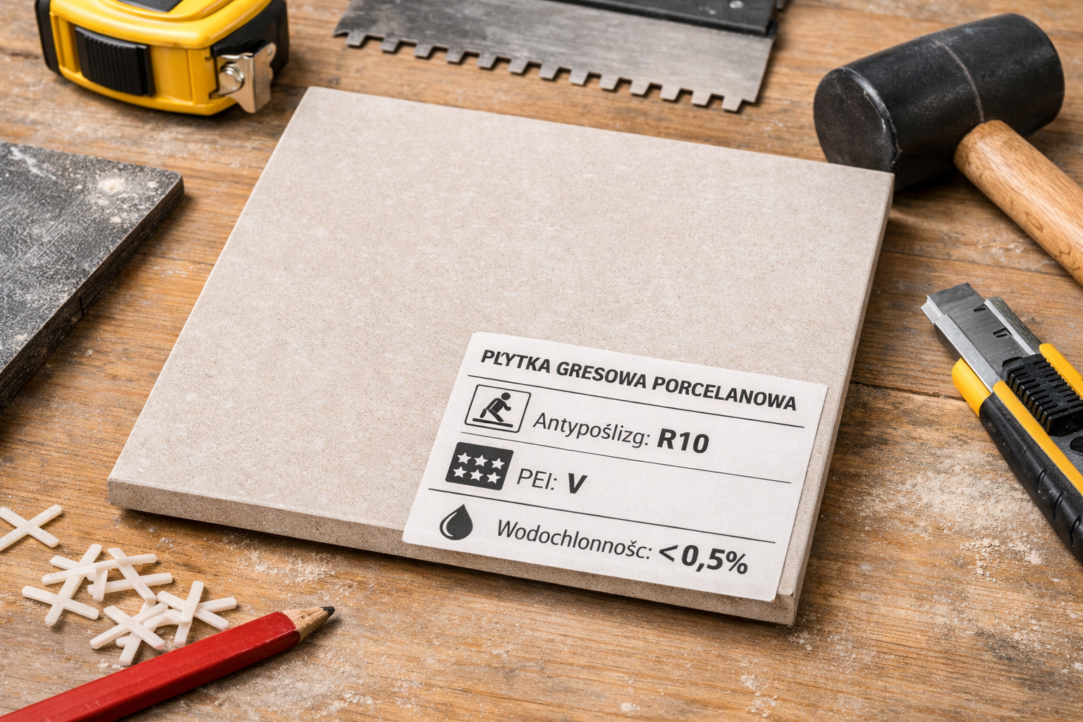 Parametry techniczne gresu porcelanowego – antypoślizg R10, PEI V, wodochłonność