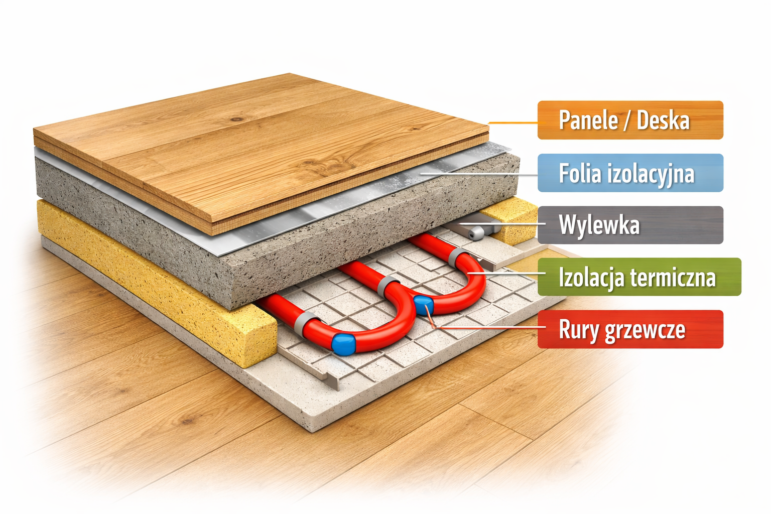 Przekrój techniczny podłogi z rurkami ogrzewania podłogowego – infografika 2026