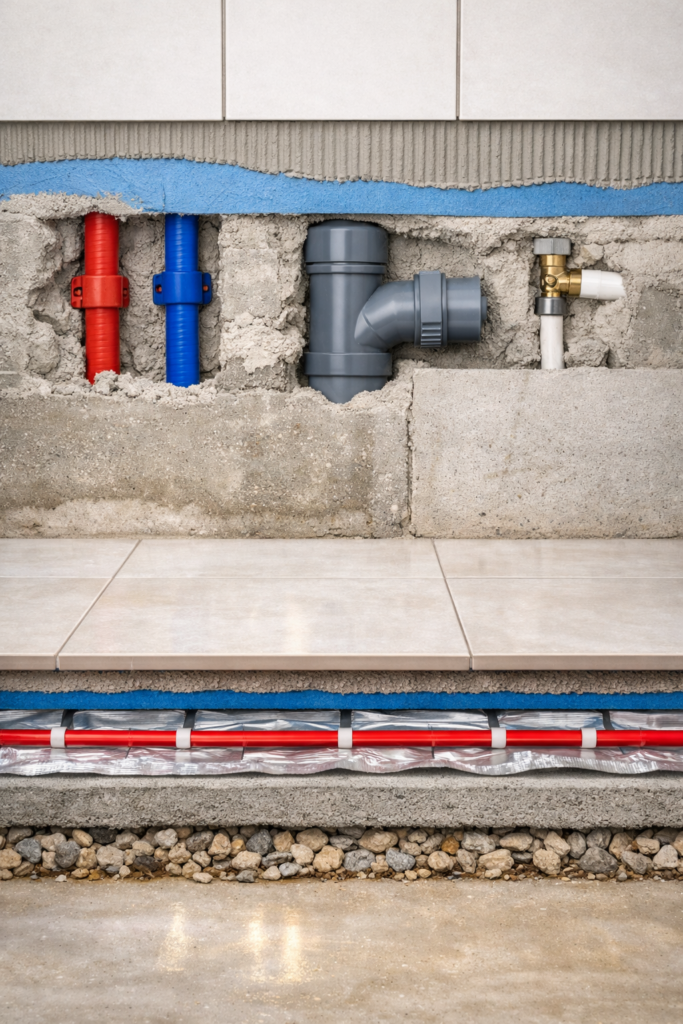 Przekrój ściany i podłogi łazienki z instalacjami, hydroizolacją, rurami i płytkami – remont łazienki pod klucz Warszawa 2026