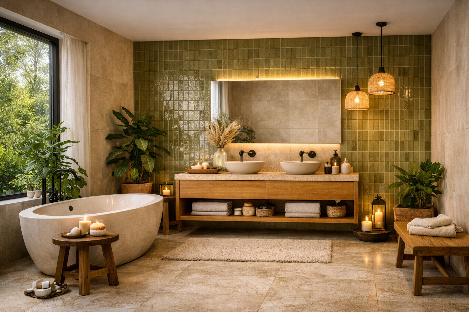 Łazienka spa 2026 – trawertyn beżowy + zellige oliwkowe